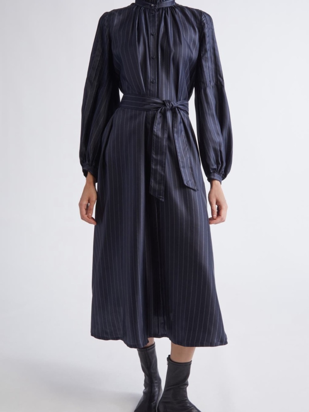 MaxMara Navy Pinstripe Midi Shirt Dress with Tie Belt